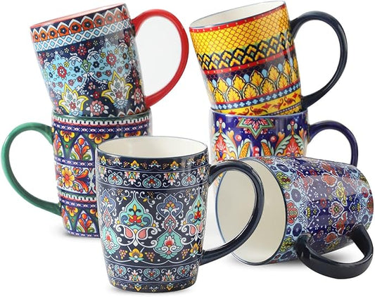 glowworm Coffee Mugs Set of 6, 16 oz Ceramic Coffee Mug with Handle, Large Coffee Cups for Latte, Cappuccino, Milk Dishwasher & Microwave Safe, Bohemian