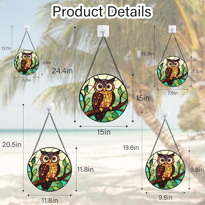 Stained Glass Window Hanging - Owl on a Branch Suncatcher for Doors Window Home Orange Brown Sun Catchers Decor Christmas Mother's Day Birthday Gifts for Teacher Women Men Mom Nana 7.8 in