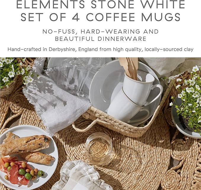 Denby - Elements Stone Large Coffee Mug Set of 4-11.15 Ounce Stoneware Tea Mug Set For Office & Home - Dishwasher Safe, Microwave Safe - Ceramic Tea Cups White Glaze