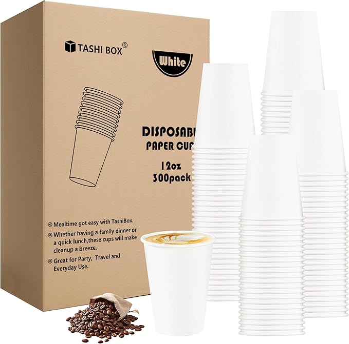 TashiBox 300 Count 12 oz Disposable Paper Coffee Cups - White Paper Cups for Party, Office, Cafes - Perfect for Cold and Hot Drinks