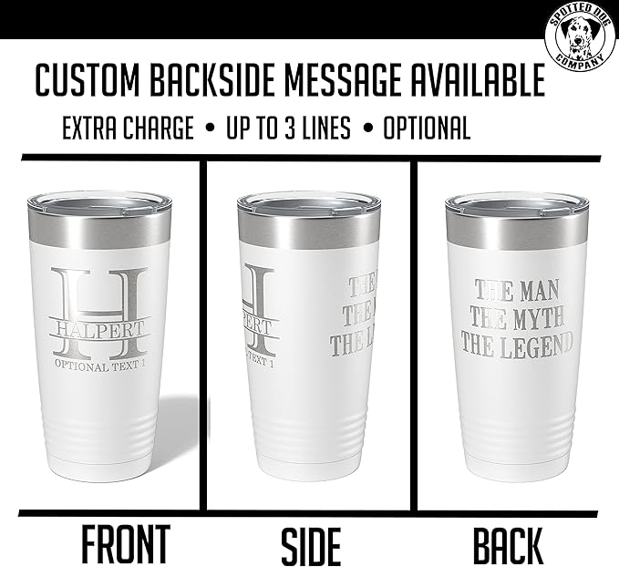 Personalized 20oz (17 Colors) Powder Coated Insulated Stainless Steel Tumbler with Lid, Custom Etched, Customized Engraved Gift Idea for Women Men Her Him, Halpert Monogram Initial Name (White)
