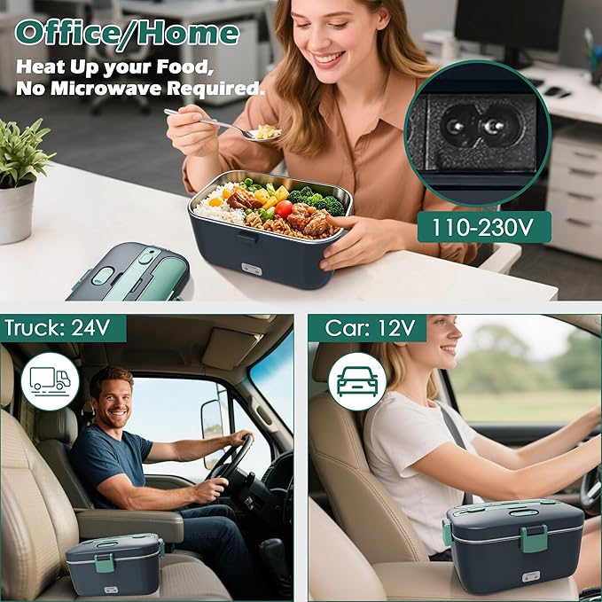 COZYEXPERT Electric-Lunch-Box-Heated-Food-Warmer 100W Heating Lunchbox for Adults 1.8L Portable Food Heater for Work/Car, 12V/24V/110-230V Lonchera El챕ctrica Port찼til with Fork Spoon (Gray+Green)