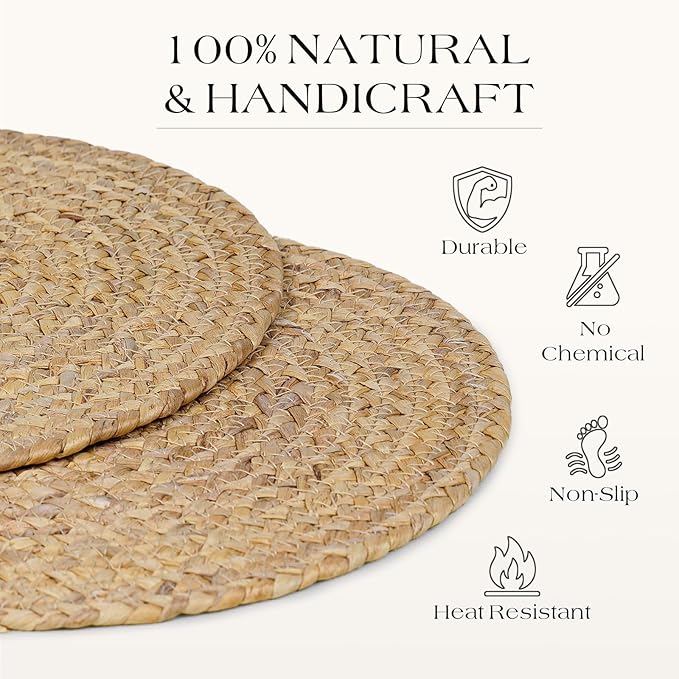 13??Woven Round Placemats Set of 4, Natural Water Hyacinth Braided Table Mats with 4 Wood Bead Napkin Rings, Washable Boho Farmhouse Rattan Place Mats for Home, Outdoor, Table Decor, Dinning, Wedding