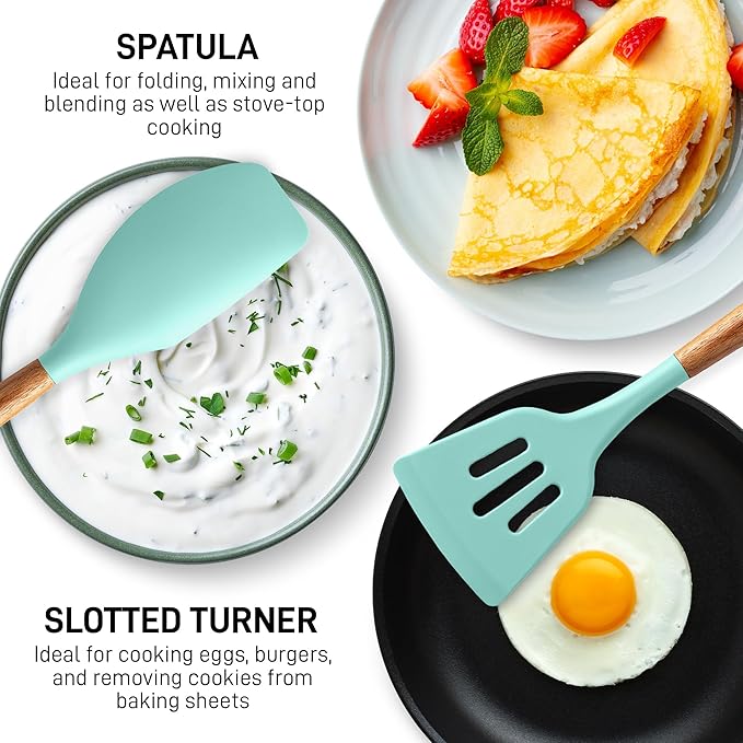 Zulay Kitchen Non-Stick Cooking Utensils Set with Authentic Acacia Wood Handles ??5-Piece Durable & Stylish Silicone Kitchen Utensils Set ??Heat Resistant to 464째F ??Aqua