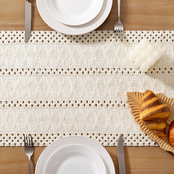 Socomi Boho Table Runner Valentine's Day Farmhouse Rustic Dining Kitchen Centerpiece Decor Small Macrame Woven Cotton Linen Coffee Table Runner for Dresser Scarf Home Decor 12x36 inch Cream Ivory