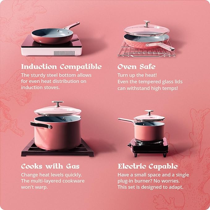 Premium Non-Toxic Ceramic Cookware Set ??Triple-Layer Nonstick 12 Piece Pots and Pans with Lids, PFAS-Free, Oven Safe for Healthy Meals, Space-Saving Design, Coral Pink Color | Greater Goods