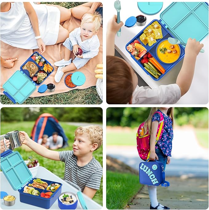 Aimsnk Kids Bento Lunch Box with 8oz Soup Thermo, Kids Leakproof Lunch Food Containers with 4 Compartment,Insulated Hot Food Jar with Lunch Bag for School, Travel (Blue)