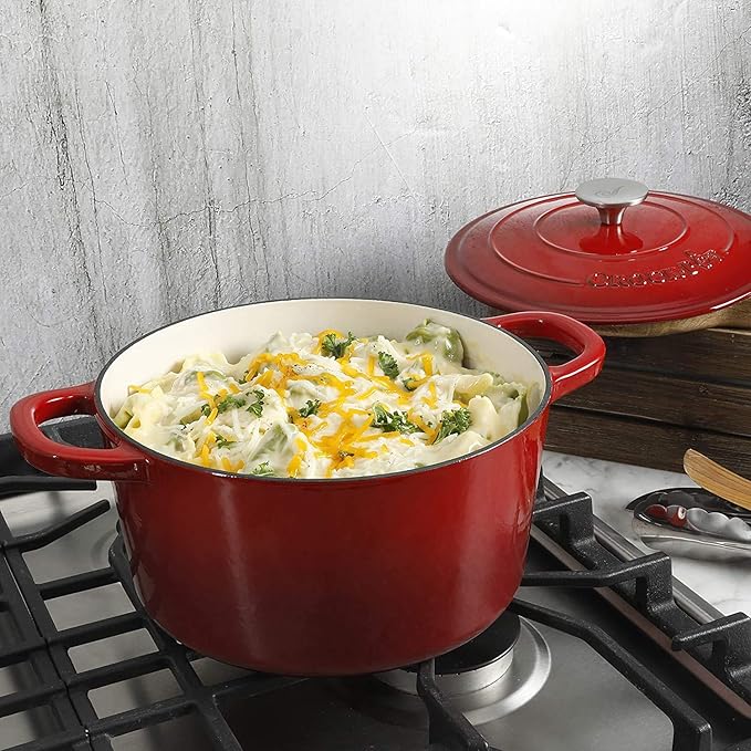 Crock Pot Artisan 5-Quart Round Enameled Cast Iron Dutch Oven ??Red, Durable Heavy-Duty Cookware for Slow Cooking, Roasting, Baking with Lid
