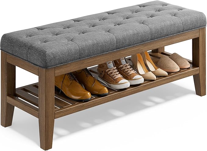 YaFiti End of Bed Storage Bench, 42.9" Entryway Shoe Bench with Solid Wood Shelf, Upholstered Ottoman with Padded Seat for Bedroom, Hallway and Lining Room, Dark Gray