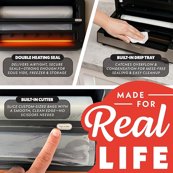 Gourmia Vacuum Sealer ??Food Preservation System with Marinate Mode and Vacuum Hose, Pulse Control, LED Display, Built-In Cutter, Gentle & Normal Vacuum Options, Stainless Steel