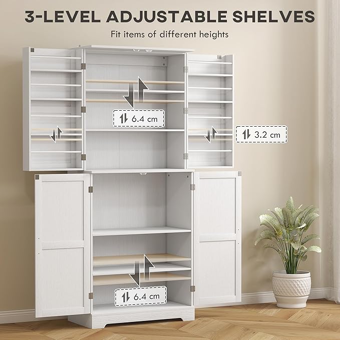 HOMCOM 72" Farmhouse Kitchen Pantry Cabinet, Freestanding Tall Storage Cabinet with 4 Barn Doors, 4 Adjustable Shelves and 8 Door Shelves, Embossed White Wood Grain