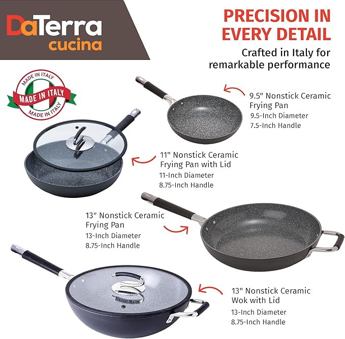 DaTerra Cucina Nonstick 4-Skillet Bundle ??9.5" and 13" Fry Pans, 11" Fry Pan and 13" Wok with Lid, Oven Safe, Ceramic Nonstick Cookware, PTFE & PFOA Free, Made in Italy ??Volcanic Black Speckled
