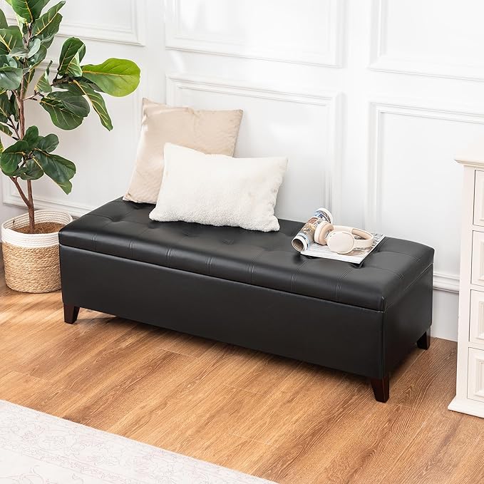 DECO DE VILLE Ottoman with Storage, 51 Inch End of Bed Storage Ottoman Bench, Faux Leather Upholstered Ottomans with Hinged Lid, Rectangle Long Foot Rest Bench for Entryway Living Room Bedroom Black