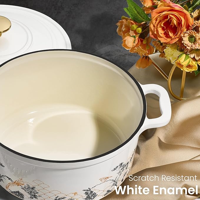 CAROTE 5QT Cast Iron Dutch Oven Pot with Lid, Enameled Floral Dutch Ovens with Gift Box, Cast Iron Pot for Sourdough Bread Baking, Braising, Stews, Roasting, Dual Handles, Healthy & Non-Toxic, All Stovetop Compatible, Oven Safe up to 500째 F, White