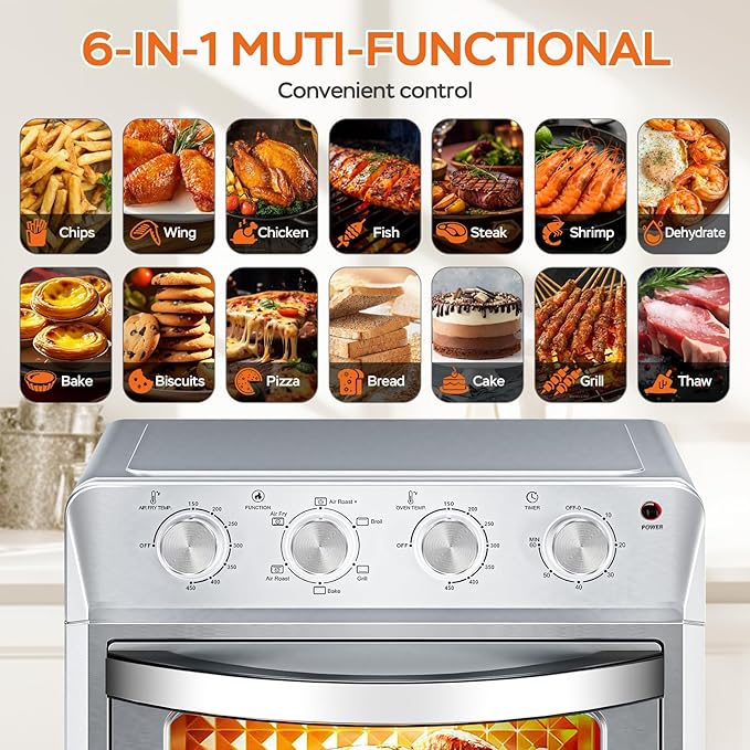 27.5QT 6-in-1 Air Fryer Toaster Oven Extra Large Dropdown-Door 6-Slice Convection Oven for Air Frying, Baking, Roasting, Broiling & Grilling, Stainless Steel Housing, Stainless Steel
