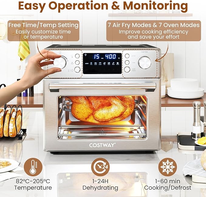 COSTWAY 14-in-1 Air Fryer Toaster Oven Combo, 1700W Dual Cook & 26 QT Large Capacity Stainless Steel Countertop Convection Oven with Bake, Rotisserie, Dehydrate & Defrost, LED Display, 7 Accessories
