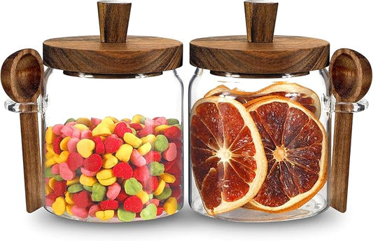 Small Glass Storage Jar with Lids Spoon Coffee Ground Canister Glass Food Containers Jar for Spice Nut Pasta Sugar Candy Rice Tea (400ml/13.5oz-2 pcs-with spoon)
