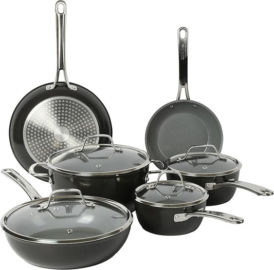 Sur La Table Kitchen Essentials 10 Piece PFA Free Titanium Ceramic Nonstick Interior Forged Aluminum Cookware Pots and Pans Set - Black - Induction Compatible
