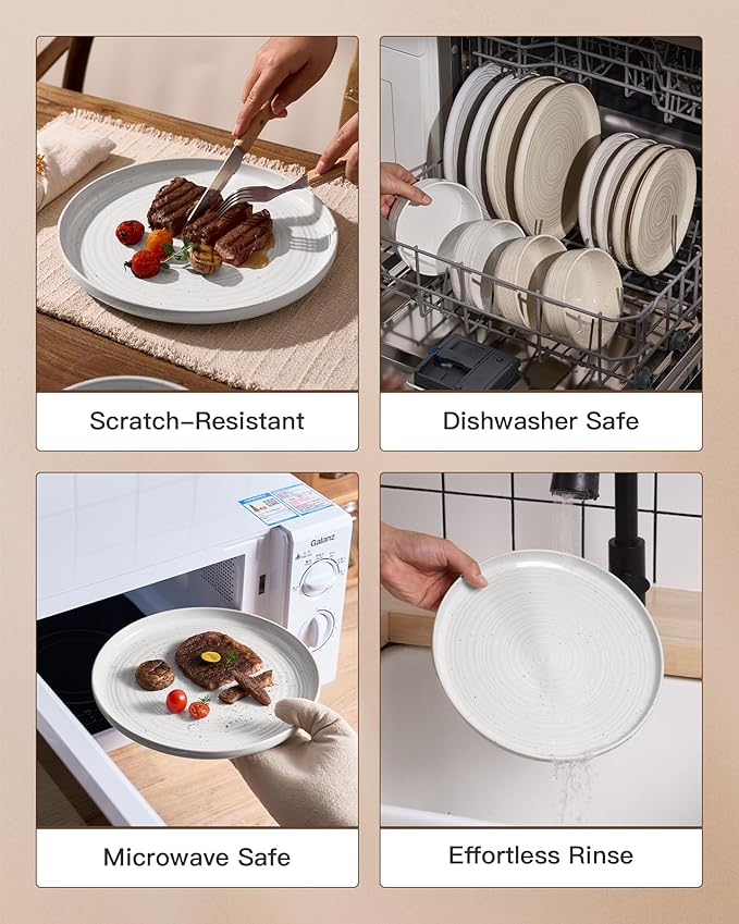 Plates and Bowls Sets for 6, Famiware Premium 18-Piece Stoneware Dinnerware Set - Reactive Glaze with Speckles & Spirals, Chip & Scratch Resistant, Dishwasher Safe, Dish Set with Gift Box, White