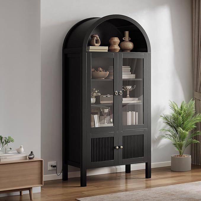 DWVO 71" Tall Arched Cabinet Kitchen Pantry with LED Light/Wood Kitchen Storage Cabinets with Tempered Glass Doors and Adjustable Shelves/Bookcase Cabinet with Storage for Dining Room-Black