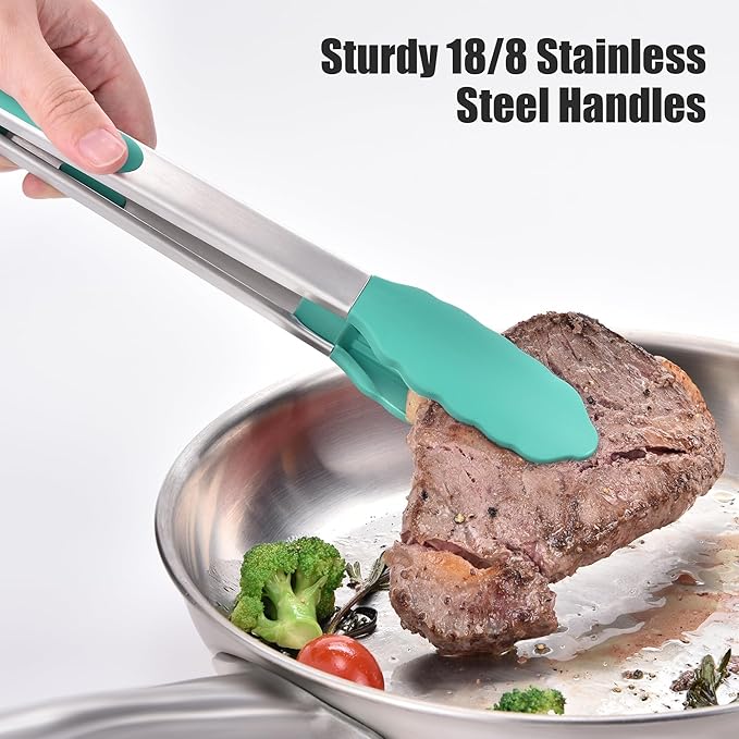 Doosu Kitchen Tongs for Cooking - 600째F Heat Resistant Food Tong with Non-Scratch Silicone Tips, Heavy Duty Stainless Steel Locking Tong for BBQ, Grilling Steak, Serving Salad, Pasta (12in, Aqua Sky)