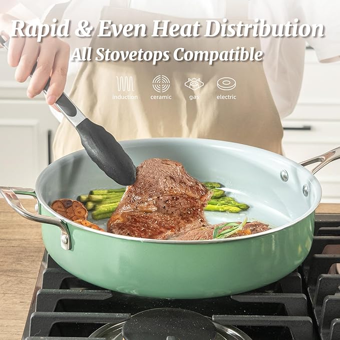 Nonstick Saut챕 Pan with Lid 5 QT Deep Frying Pan with Stainless Steel Helper Handle 12 inch Large Skillet Ceramic Jumbo Cooker for Healthy Cooking, Induction Compatible Cookware, PFOA Free