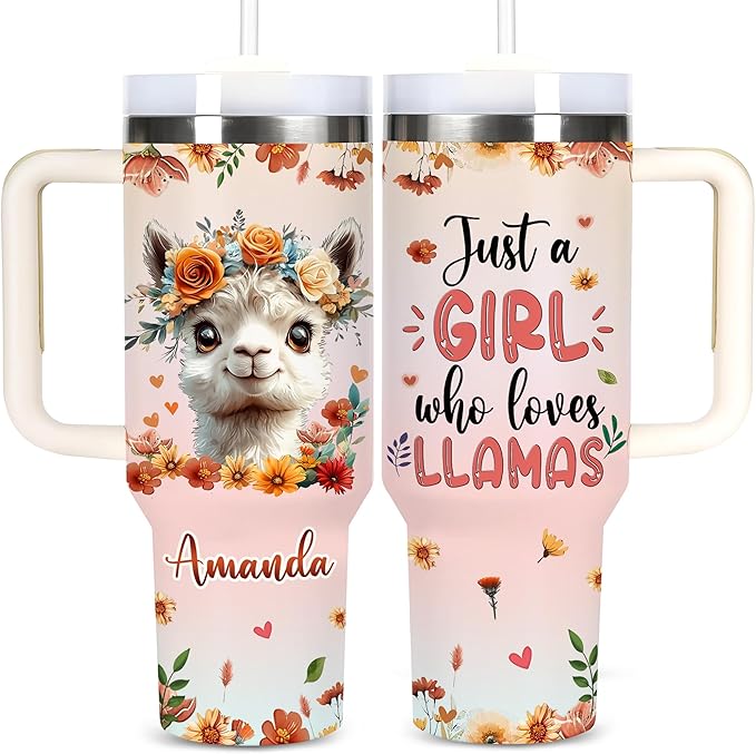 AGGLOMEKC Personalized Cute Llama Cup - Mother's Day Birthday Gift For Animal Lovers - Just A Girl Who Loves Llama Tumbler 40oz With Custom Name - Pet Lover Gifts For Women, Her