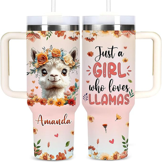 AGGLOMEKC Personalized Cute Llama Cup - Mother's Day Birthday Gift For Animal Lovers - Just A Girl Who Loves Llama Tumbler 40oz With Custom Name - Pet Lover Gifts For Women, Her