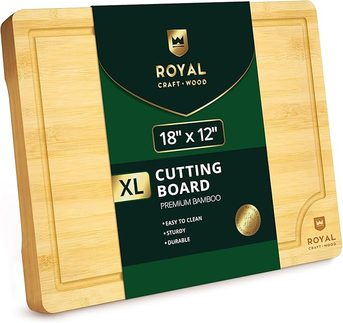 ROYAL CRAFT WOOD Wooden Cutting Boards for Kitchen Meal Prep & Serving - Bamboo Wood Serving Board with Deep Juice Groove Side Handles - Charcuterie & Chopping Butcher Block for Meat