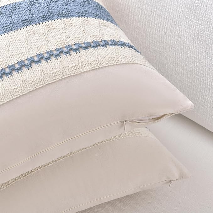 Fancy Homi Set of 2 Boho Light Blue Decorative Throw Pillow Cover 20x20 Inch for Couch Bed Sofa, Aesthetic Modern Organic Farmhouse Home Decor, Soft Cotton Cute Accent Macrame Woven Cushion Case