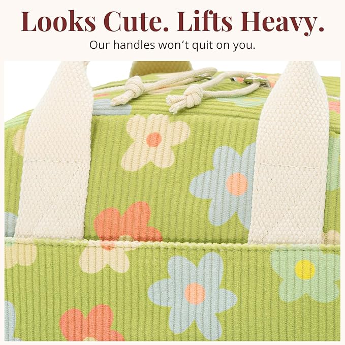 LOVELYWIND Insulated Floral Green Lunch Bag for Women, Corduroy Tote with Aluminum Lining, Large Capacity Reusable Cooler for Work, Travel, Beach or Picnic, Floral Pattern Water-Resistant Lunch Box