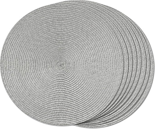 FunWheat Round Braided Placemats Set of 8 Place Mats for Dining Table Woven Washable Non-Slip Table Mats 15 Inch(Grey,8pcs)