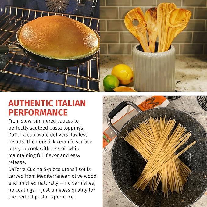 DaTerra Cucina - 8 Qt, 11??Nonstick Pasta Bundle ??Dutch Oven with Lid, Frying Pan with Lid, and Olive Wood Cooking Utensils | Made in Italy