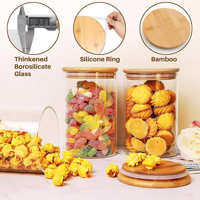 33+17 oz Glass Food Storage Jars with Airtight Lids, Clear Glass Jar with Bamboo Lid, Airtight Food Canister for Tea, Candy, Coffee, Sugar, Cookie, Snack. (Round | 5+6 Inch)