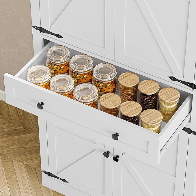 Pantry Organizers and Storage Cabinet, 70??Barn Door White Kitchen Cabinet with Drawers and Adjustable Shelf, Tall Pantry for Kitchen, Dining Room, Living Room Bedroom