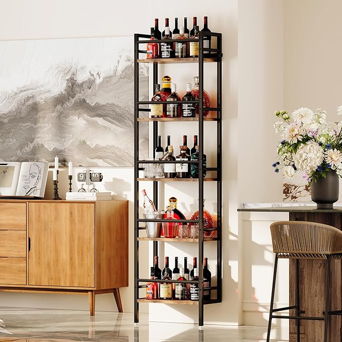 Homeiju 5-Tier Freestanding Wine Rack, 60 Bottles Wine Racks for Wall Mounted, Wines Bottle Holder Display Shelf with Fences, Liquor Storage for Kitchen, Dining Room, Bar (Rustic Brown)