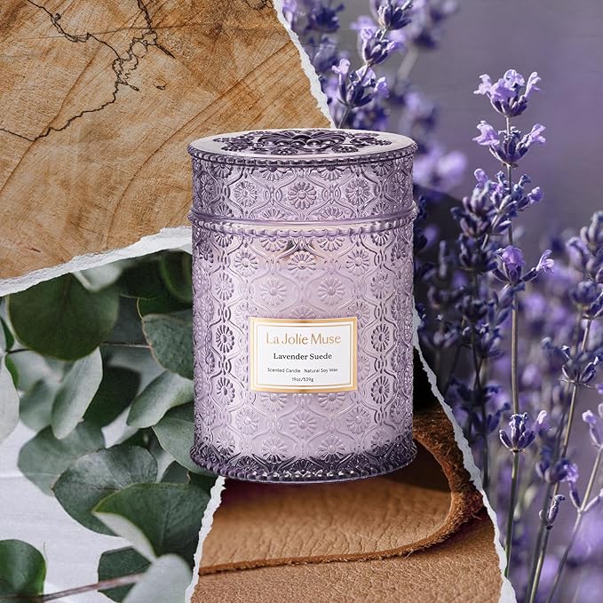 LA JOLIE MUSE Lavender Suede Candle ??Eucalyptus, Lavender & Sandalwood 19 oz Large Wooden Wick Candle | Natural Soy Wax | 90 Hours Clean Burn | Aromatherapy Candle for Relaxation