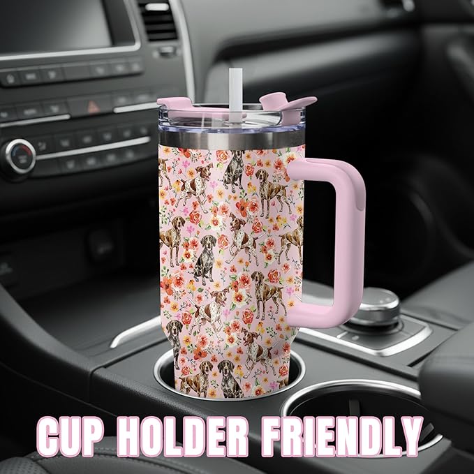 Yogusut German Shorthaired Pointer Gifts for Women, 40oz Stainless Steel Insulated Tumbler Travel Mug Cup with Handle Straw, Gifts for Dog Mom Dog Lover