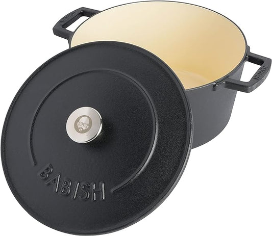 Babish 6-Quart Round Enameled Cast Iron Dutch Oven with Lid ??Matte Black, Heavy-Duty Dutch Oven for Slow Cooking, Braising & Baking