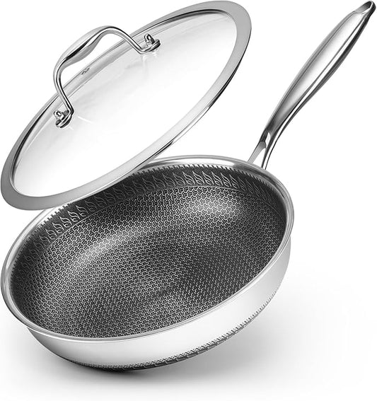 10.5 inch Frying Pan Nonstick with Lid, 2.5 Qt Deep Non Stick Stainless Steel Saut챕 Pan Skillet, Dishwasher and Oven Safe, Compatible with All Cooktops
