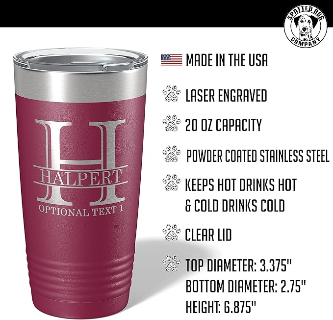 Personalized 20oz (17 Colors) Powder Coated Insulated Stainless Steel Tumbler with Lid, Custom Etched, Customized Engraved Gift Idea for Women Men Her Him, Halpert Monogram Initial Name (Maroon)