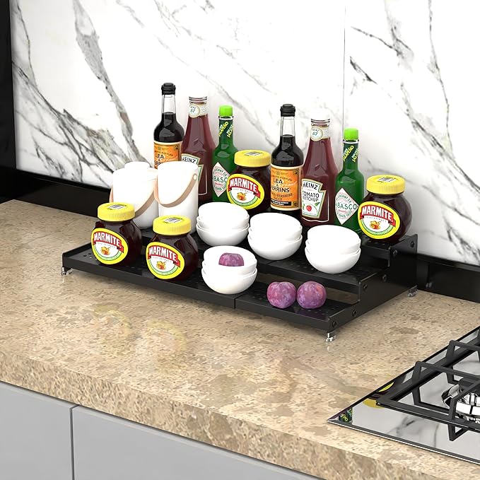 Metal Spice Rack Organizer for Cabinet, 3 Tier Expandable Spice Storage shelf, Great for Kitchen Cabinets, Cupboard,Pantry and Countertop More,Metal plate with hole(1PACK/BLACK)