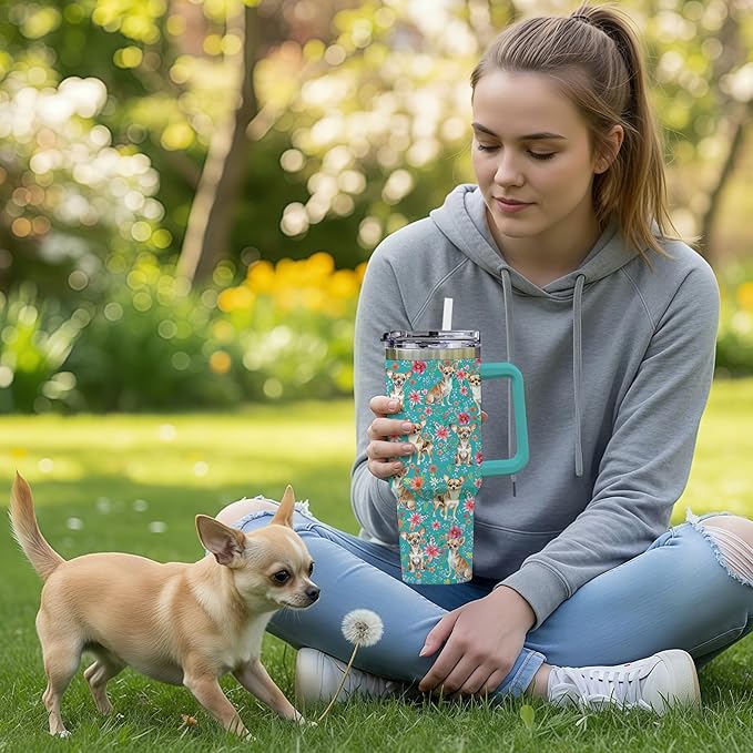 Yogusut Chihuahua Gifts for Women, 40oz Stainless Steel Insulated Tumbler Travel Mug Cup with Handle Straw, Gifts for Dog Mom Dog Lover