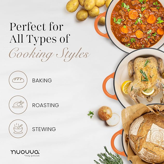 Nuovva Enamelled Cast Iron Dutch Oven Pot with Lid ??6.4 Quart Non Stick Casserole Pot ??Heavy Duty & Oven Safe up to 500째 F for Bread Baking, Braising, Stews, Roasting ??28cm Orange