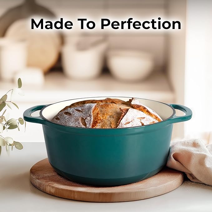 Zulay Kitchen 7.7 Quart Enameled Cast Iron Dutch Oven Pot with Lid ??Premium Durability & Oven Safe up to 500째F ??Heavy Duty Cookware Perfect for Bread Baking, Stews, Braising & Roasting ??Emerald