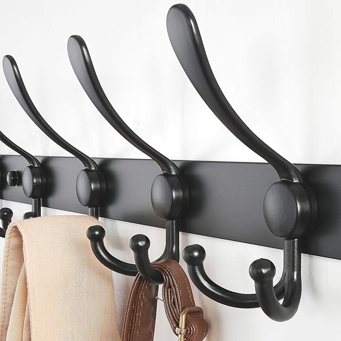Dseap Coat Rack Wall Mount - 29.5??Long 8-Tri-Hooks Heavy Duty Coat Hanger Rail Wall Hooks for Hanging Coats Hats Clothing Clothes Purse Mudroom Entryway, Black