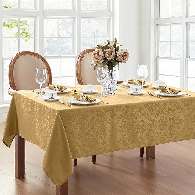 Elrene Home Fashions Caiden Elegance Damask Waterproof, Stain & Wrinkle Resistant Fabric Tablecloth, 60" x 120" Oblong/Rectangle, Gold