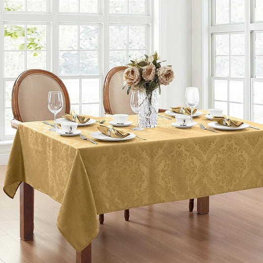 Elrene Home Fashions Caiden Elegance Damask Waterproof, Stain & Wrinkle Resistant Fabric Tablecloth, 60" x 84" Oblong/Rectangle, Gold