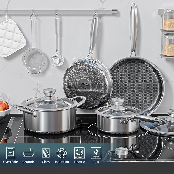 AuFranc짰 Hybrid Nonstick Stainless Steel Pots and Pans Set, Induction Cookware Set with Tempered Glass Lids, Non-stick Pot and Pan Set Suitable for All Cooktops, Non-Toxic, Dishwasher & Oven Safe