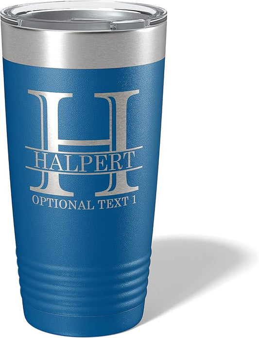 Personalized 20oz (17 Colors) Powder Coated Insulated Stainless Steel Tumbler with Lid, Custom Etched, Customized Engraved Gift Idea for Women Men Her Him, Halpert Monogram Initial Name (Royal Blue)